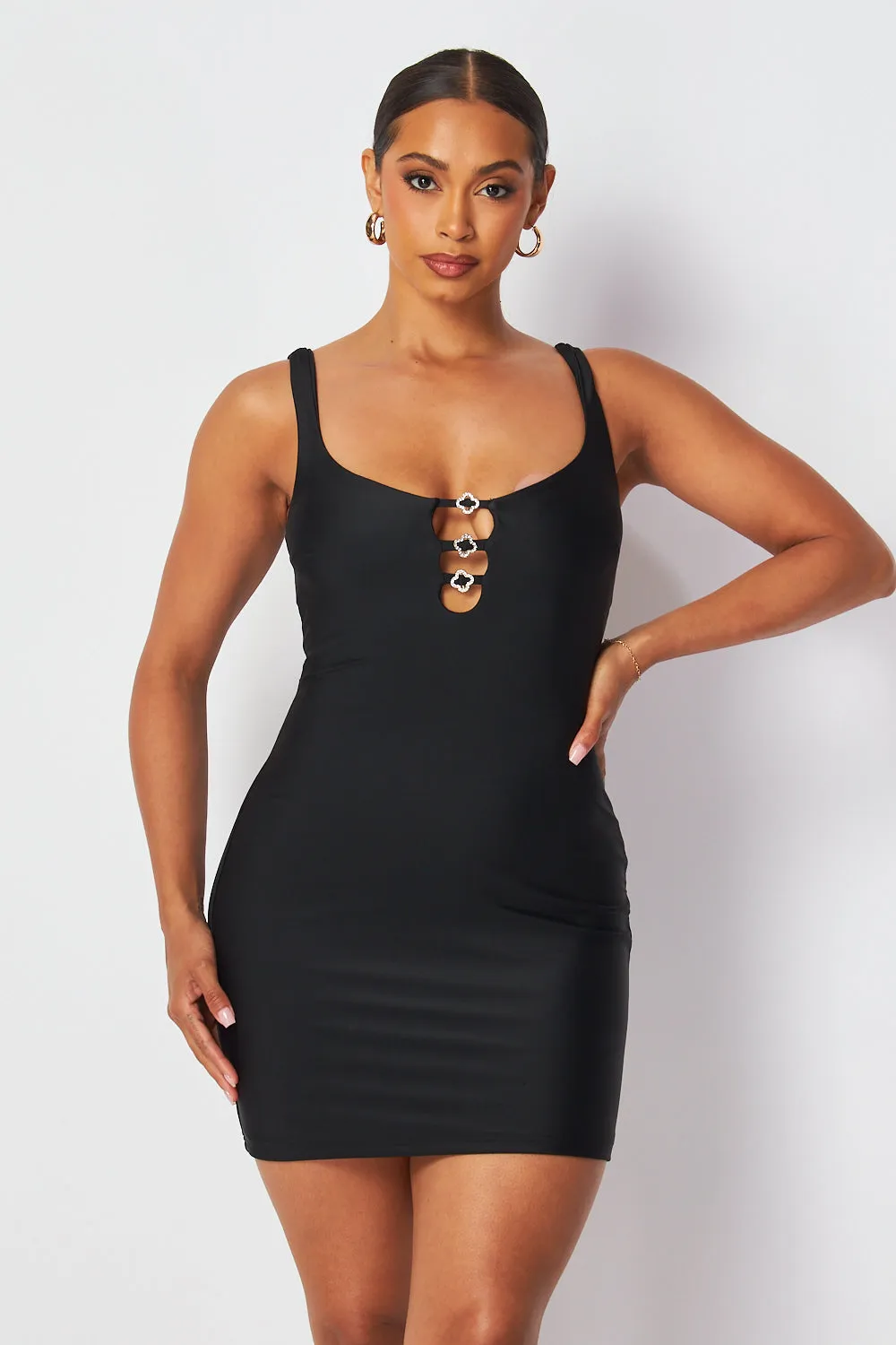 Stay Pretty Open Front Rhinestone Trim Mini Dress