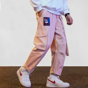 Streetwear Hip Hop Cargo Pants Men Women Ribbon Letter Embroidery Japanese Joggers Trousers Casual Harem Pants Pink