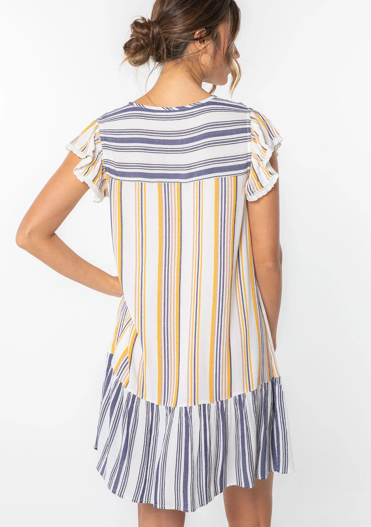 Striped Flutter Sleeve Tassel Tie Beach Mini Dress