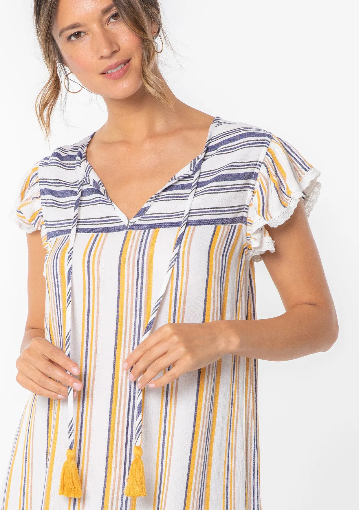 Striped Flutter Sleeve Tassel Tie Beach Mini Dress