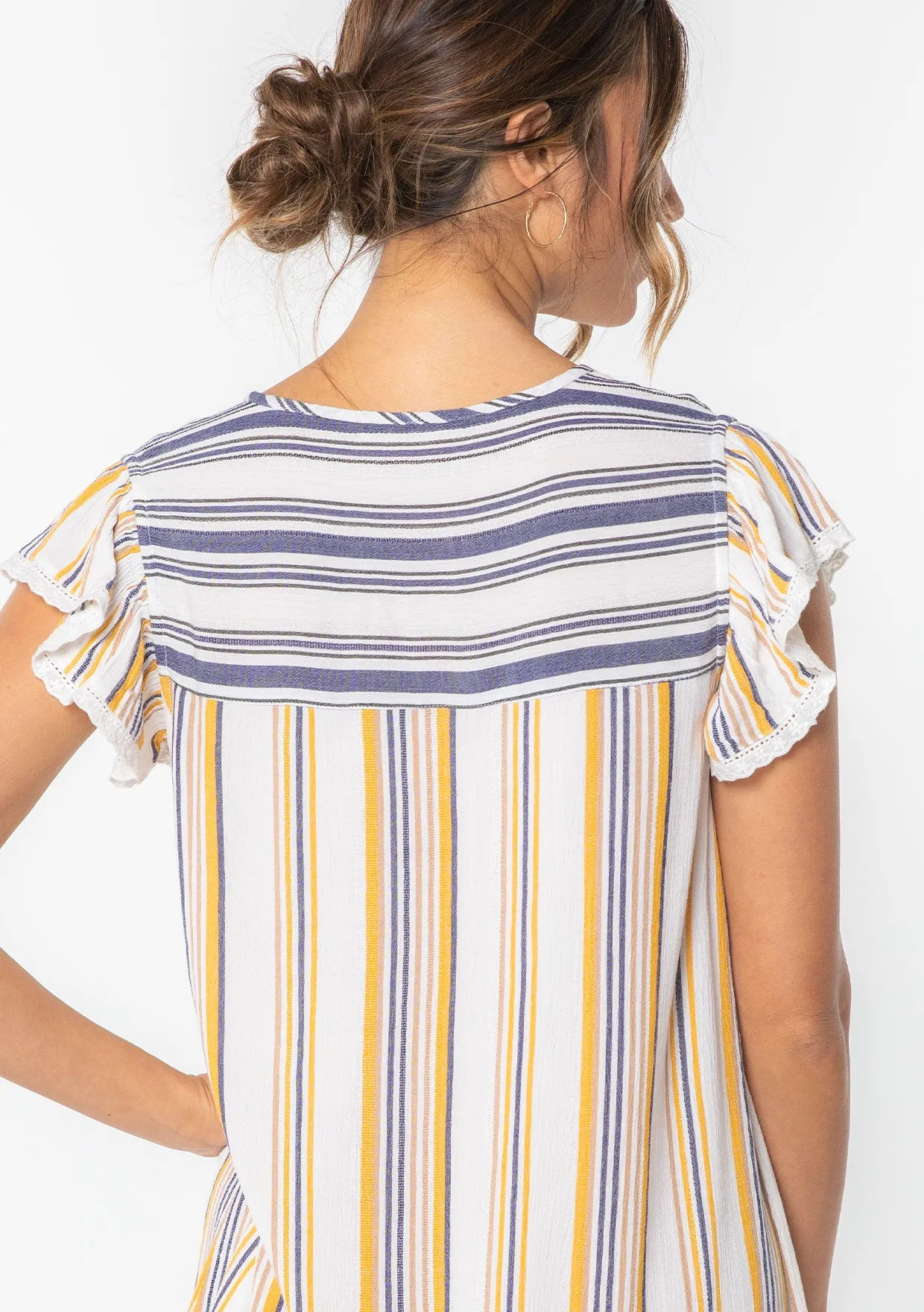 Striped Flutter Sleeve Tassel Tie Beach Mini Dress