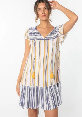 Striped Flutter Sleeve Tassel Tie Beach Mini Dress