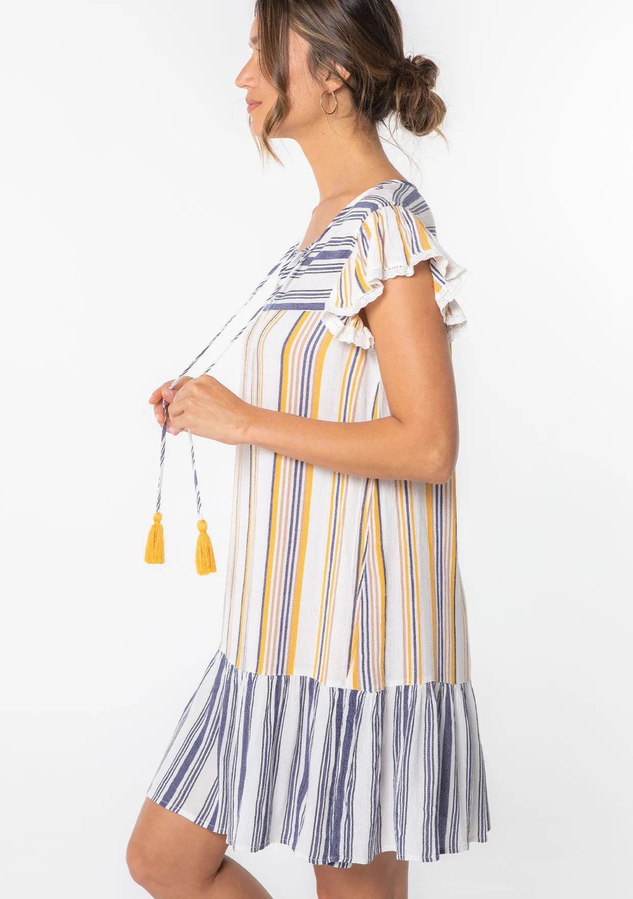Striped Flutter Sleeve Tassel Tie Beach Mini Dress
