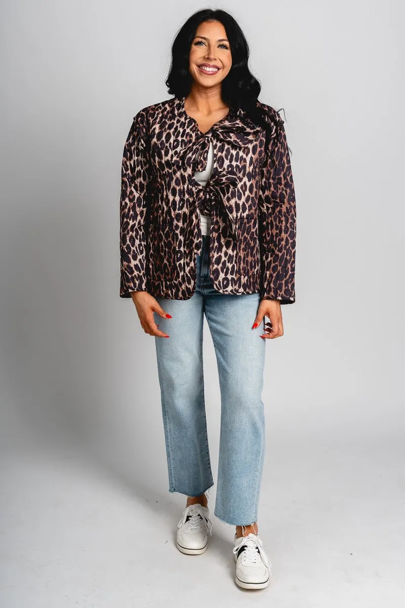 Tie detail quilted jacket leopard