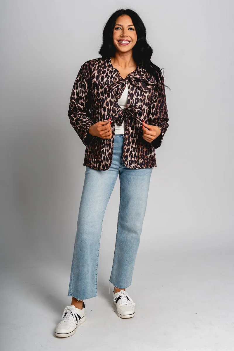 Tie detail quilted jacket leopard