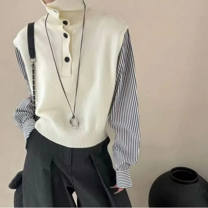 Turtleneck Mock Two-Piece Loose Knit Top