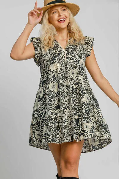 Umgee Printed Ruffle Cap Sleeve Babydoll Dress
