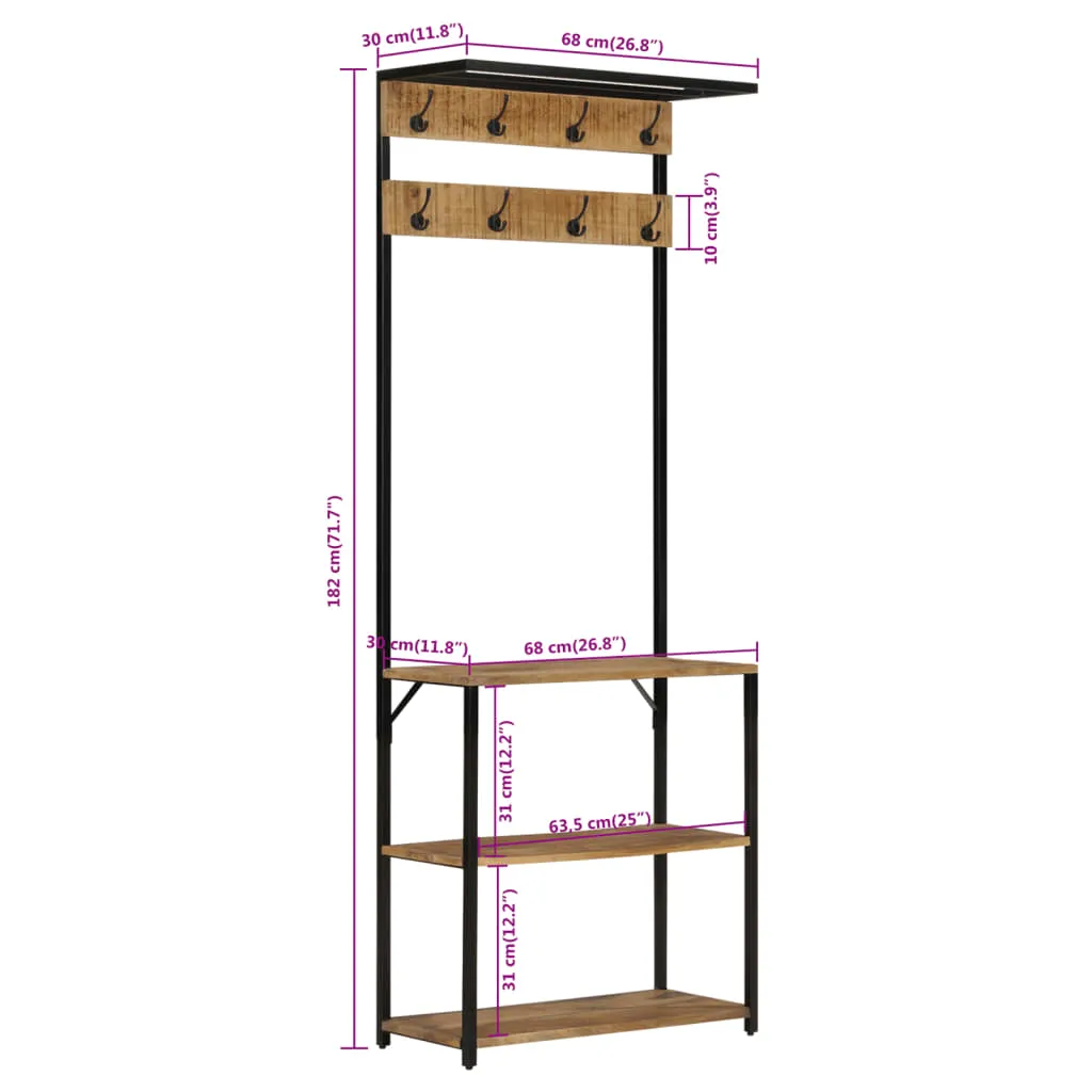 vidaXL Coat Rack with Shoe Storage 68x30x182 cm Solid Rough Mango Wood
