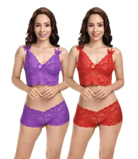 Viral Girl's Women's Babydoll Lingerie Set For Honeymoon For Women's Thongs (Purple::red_Free Size) (pack Of 2)