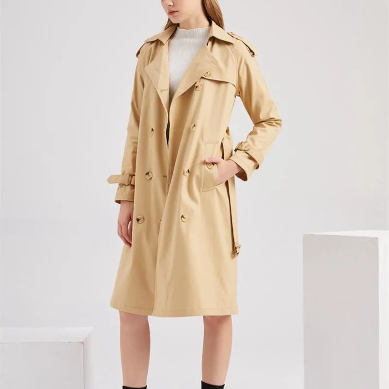 Women double breasted waist belt long sleeve trench coat