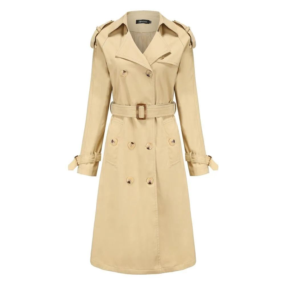 Women double breasted waist belt long sleeve trench coat