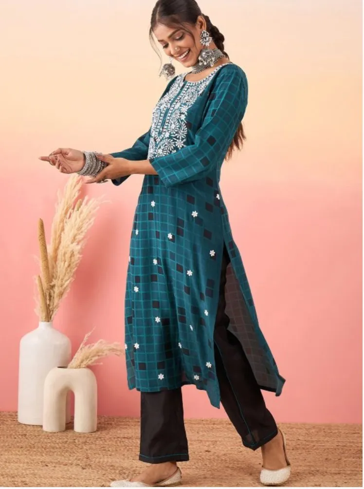 Women Embroidered Regular Thread Work Kurta with Trousers