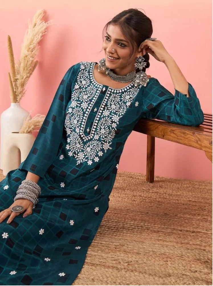 Women Embroidered Regular Thread Work Kurta with Trousers