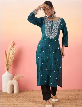 Women Embroidered Regular Thread Work Kurta with Trousers