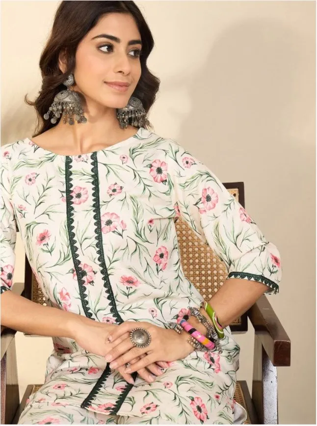 Women Floral Printed Regular Gotta Patti Kurta with Trousers