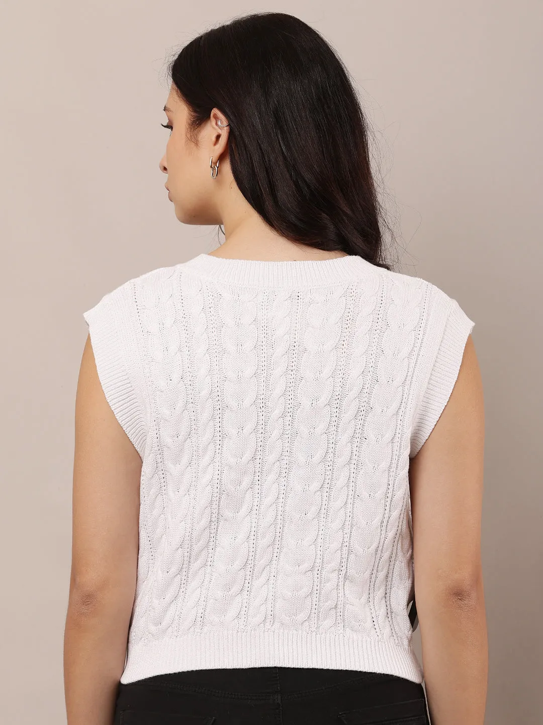 Women White V-Neck Sleeveless Knitted Sweater