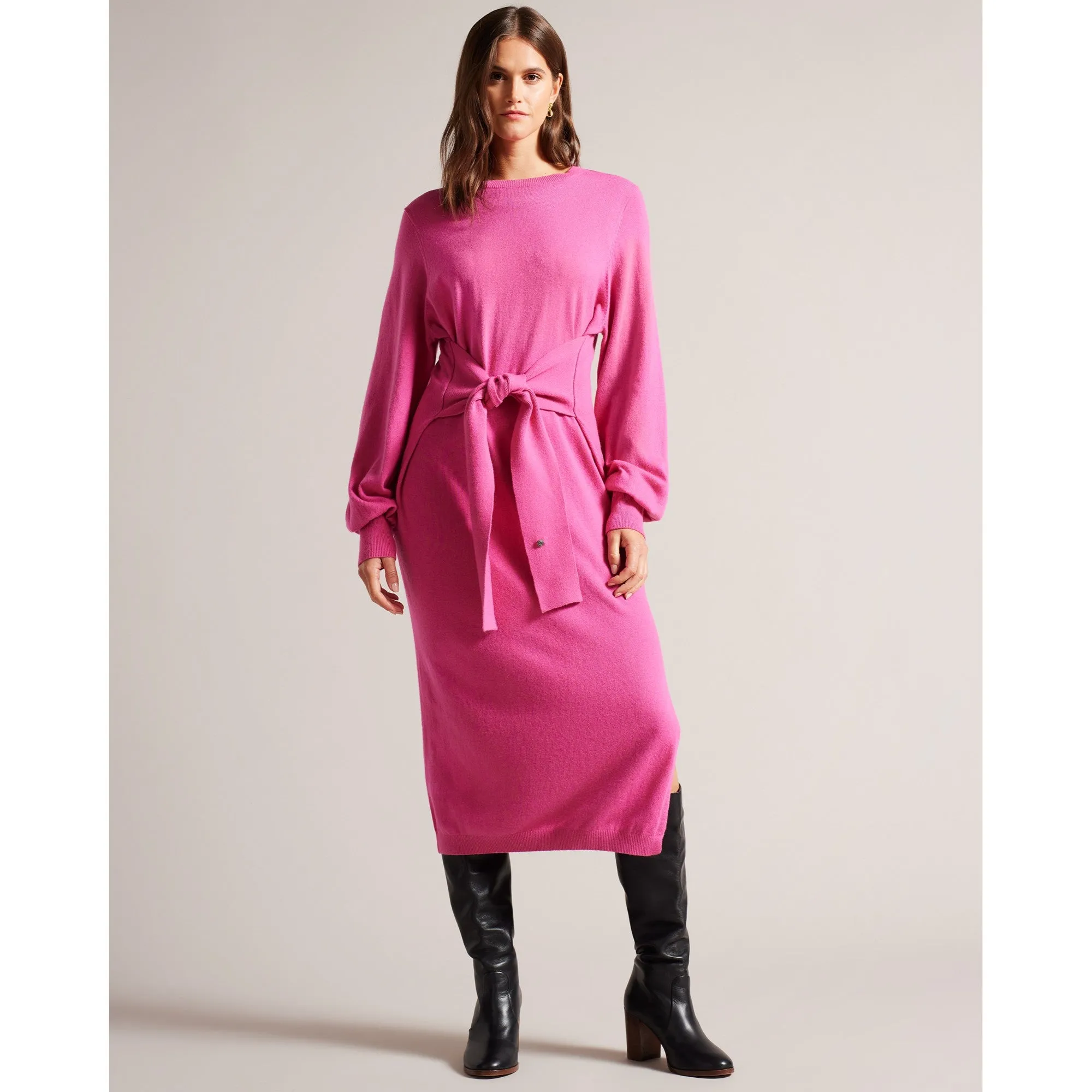 Women Wmd-Essya-Slouchy Tie Front Midi Knit Dress - Brt-Pink